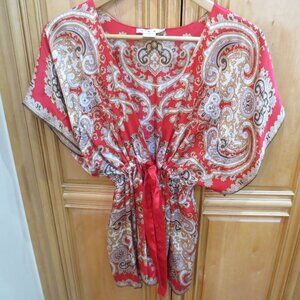 CAbi Silk Red Paisley Kimono Tie Front Flutter sleeve
